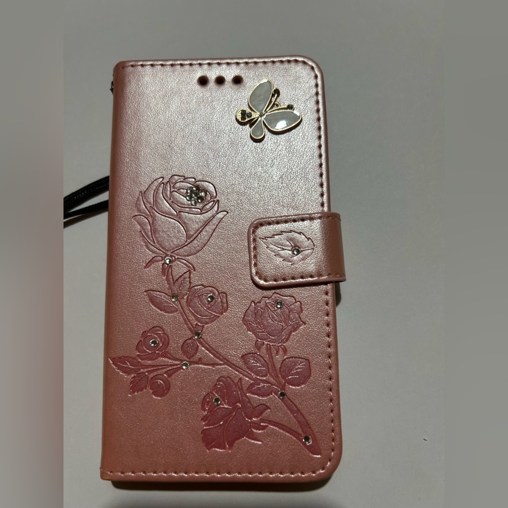 Pink Floral Roses Butterfly Faux Leather IPhone 14 Phone Card Case Wristlet